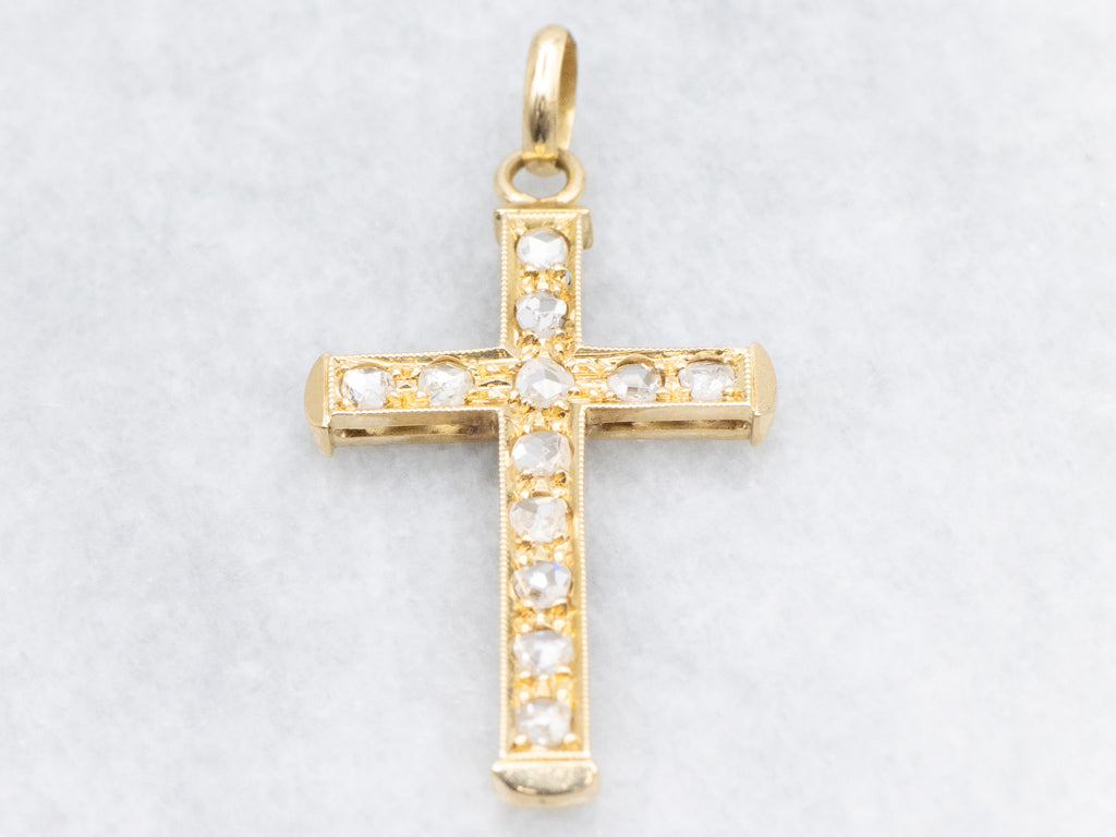 Antique Gold Rose-Cut Diamond Encrusted Cross Pendant