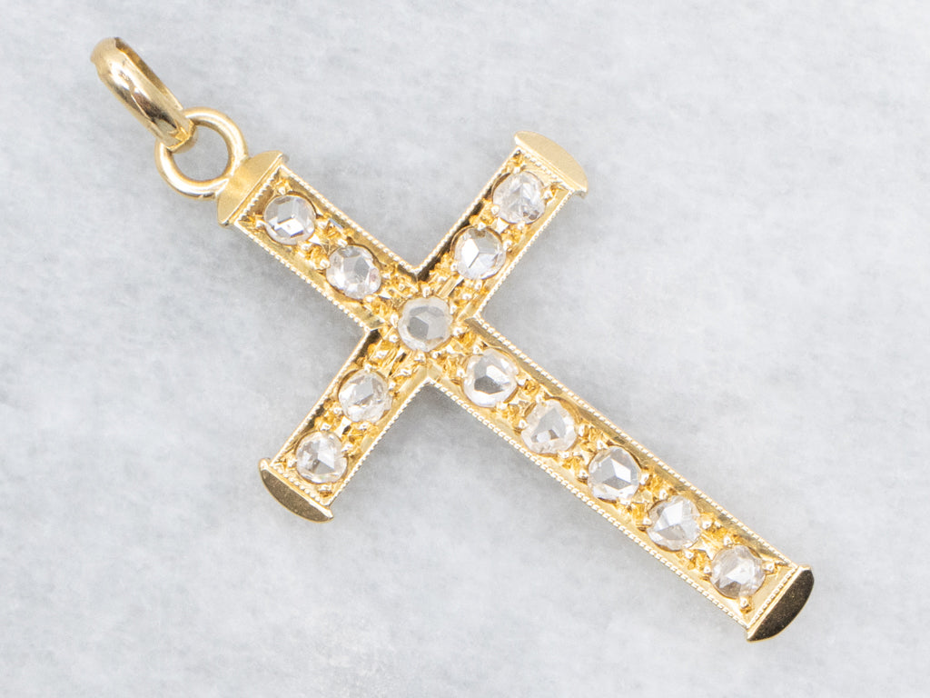 Antique Gold Rose-Cut Diamond Encrusted Cross Pendant