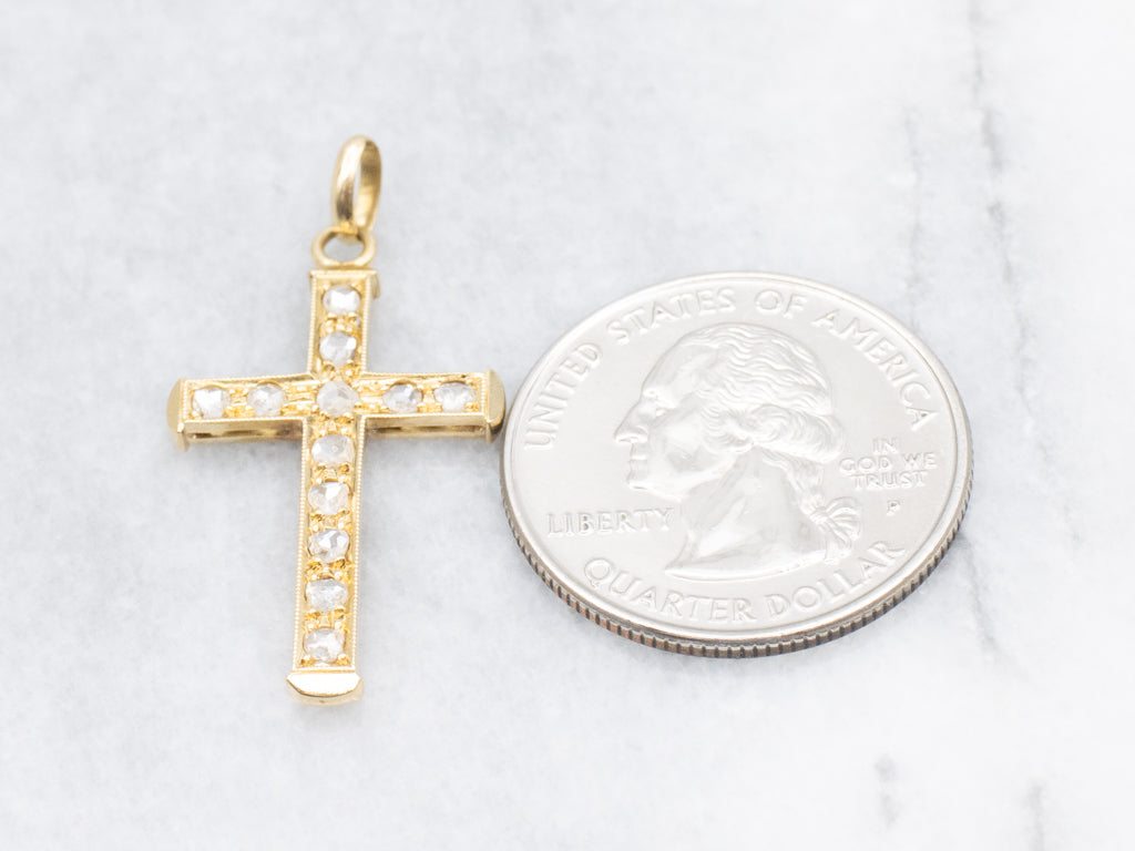 Antique Gold Rose-Cut Diamond Encrusted Cross Pendant