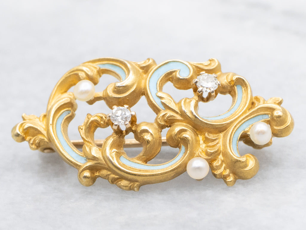 Antique Scrolling Gold and Enamel Old Mine Cut Diamond and Pearl Brooch