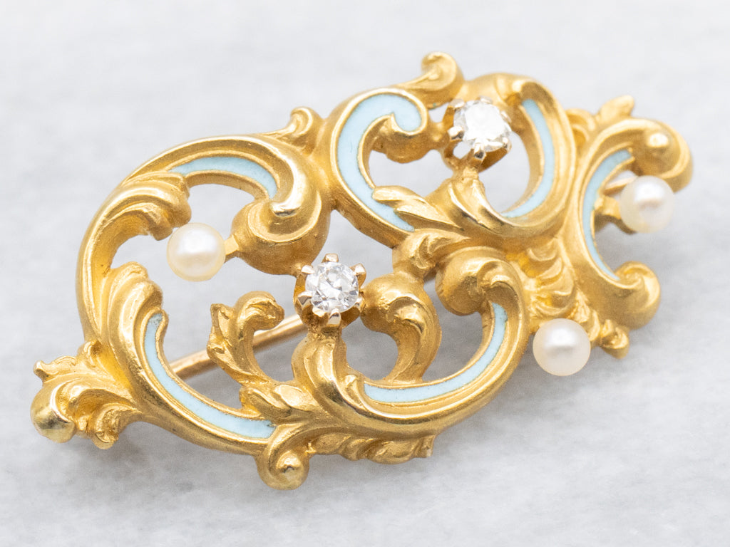 Antique Scrolling Gold and Enamel Old Mine Cut Diamond and Pearl Brooch