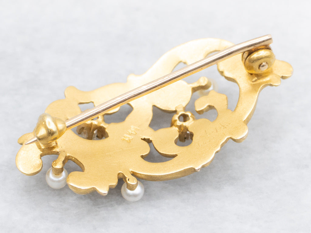 Antique Scrolling Gold and Enamel Old Mine Cut Diamond and Pearl Brooch