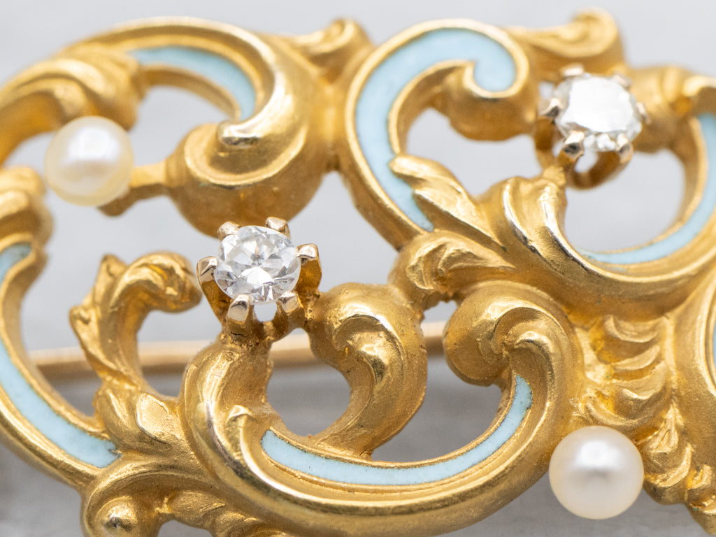 Antique Scrolling Gold and Enamel Old Mine Cut Diamond and Pearl Brooch
