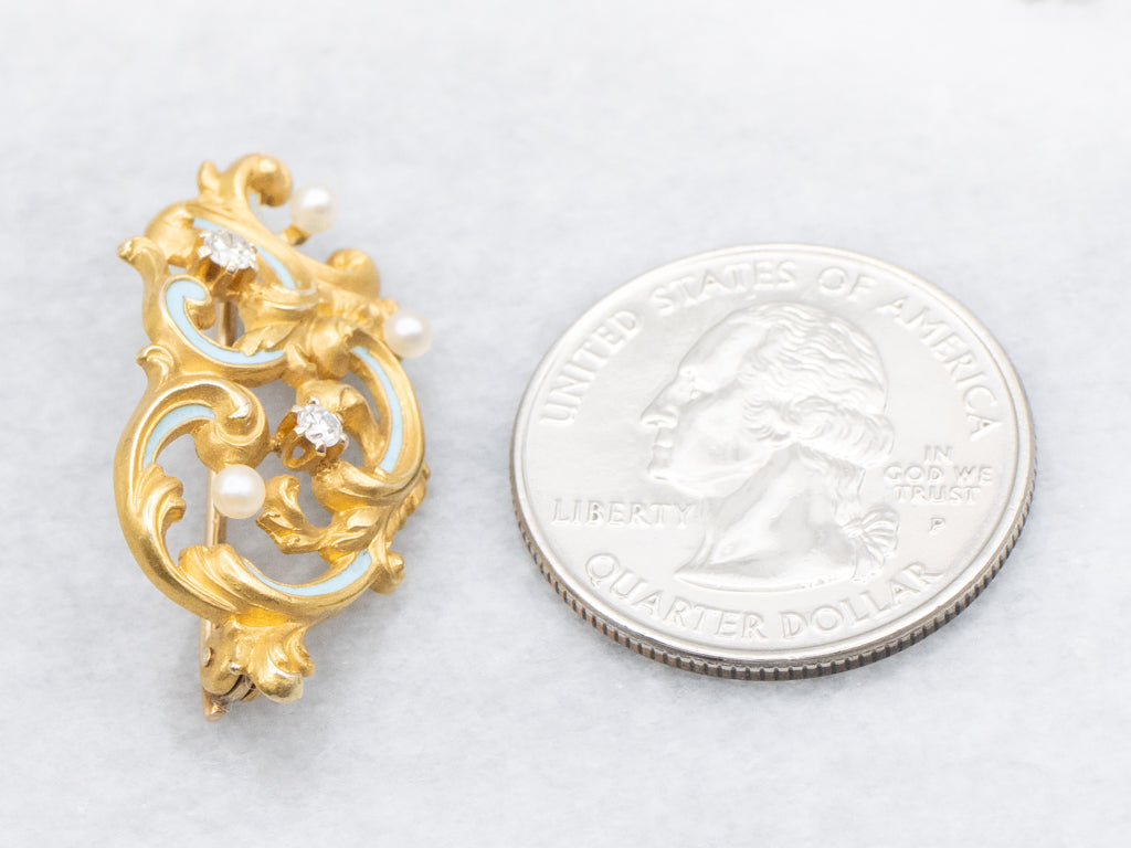 Antique Scrolling Gold and Enamel Old Mine Cut Diamond and Pearl Brooch