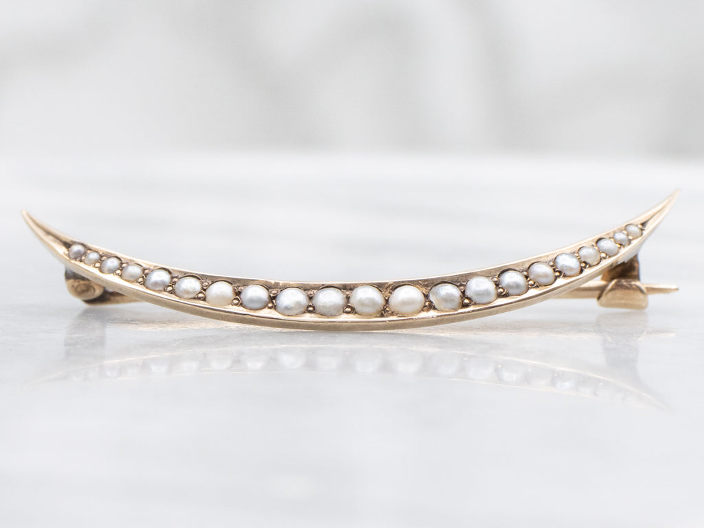 Antique Seed Pearl Gold Crescent-Moon Pin