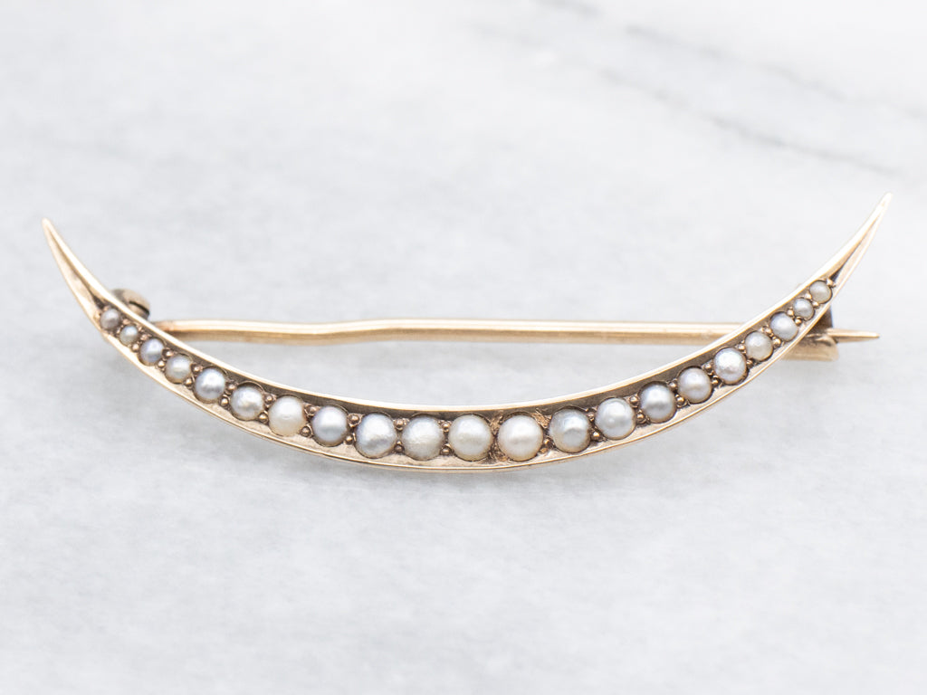 Antique Seed Pearl Gold Crescent-Moon Pin