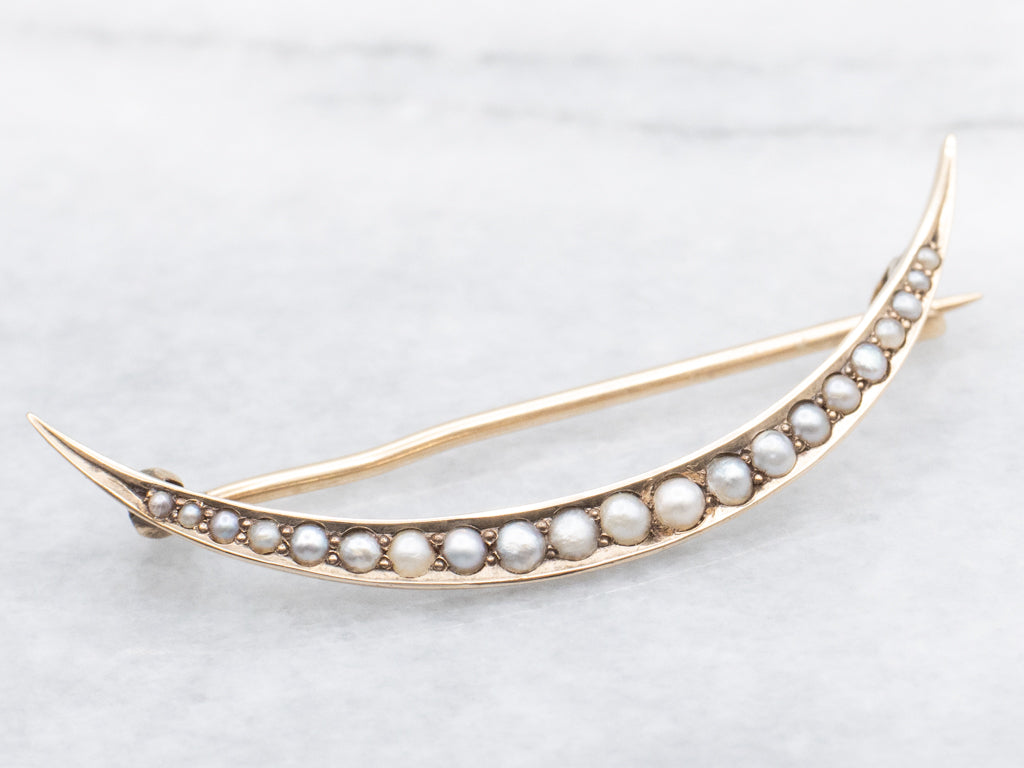 Antique Seed Pearl Gold Crescent-Moon Pin