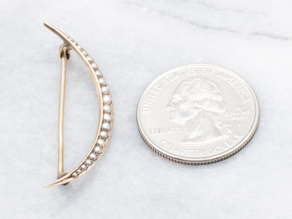 Antique Seed Pearl Gold Crescent-Moon Pin