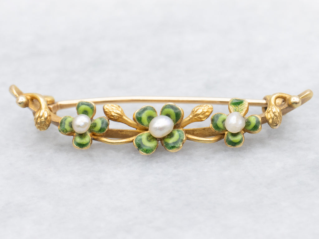 Lucky Antique Enamel and Natural Pearl Four-Leaf Clover Pin