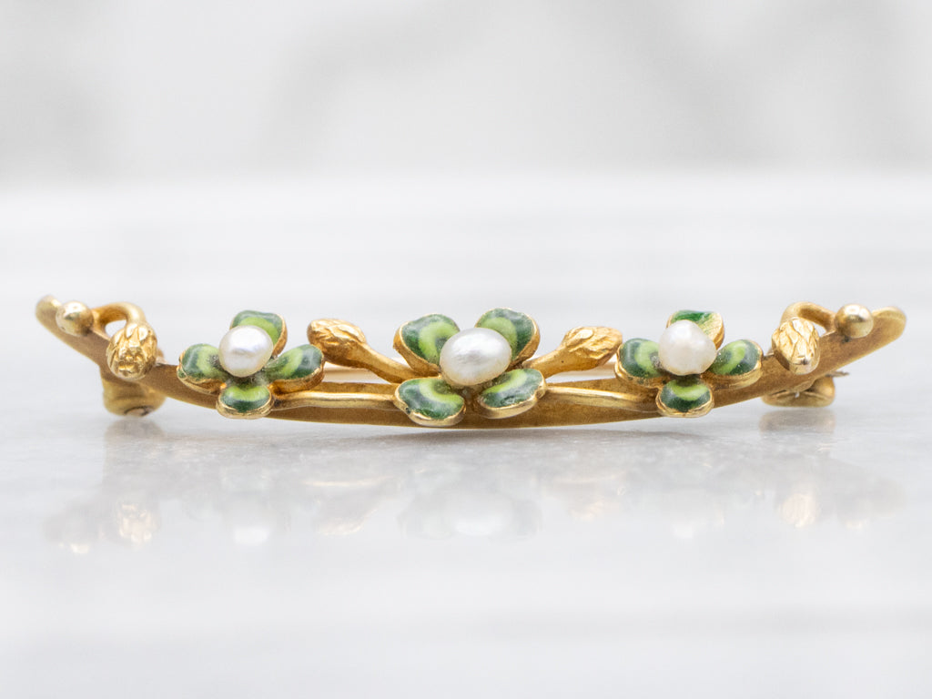 Lucky Antique Enamel and Natural Pearl Four-Leaf Clover Pin