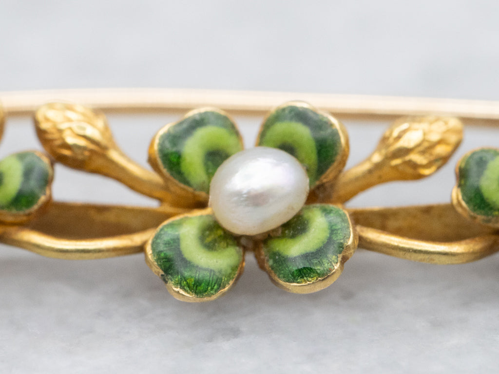 Lucky Antique Enamel and Natural Pearl Four-Leaf Clover Pin