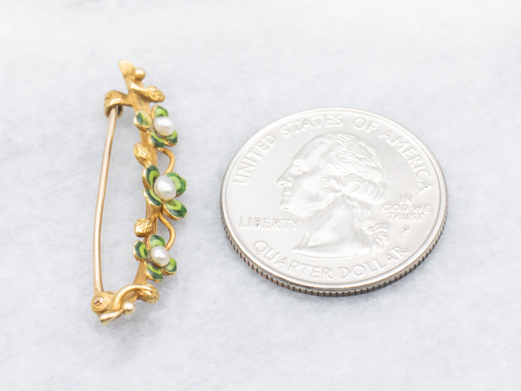 Lucky Antique Enamel and Natural Pearl Four-Leaf Clover Pin