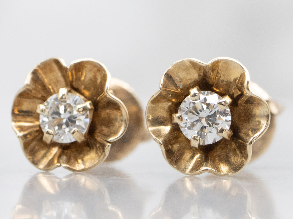 Antique Buttercup-Set Diamond Floral Stud Earrings