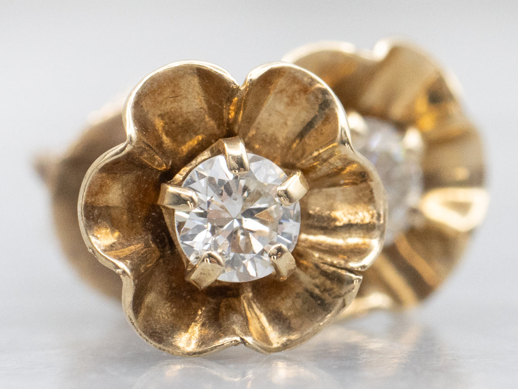 Antique Buttercup-Set Diamond Floral Stud Earrings