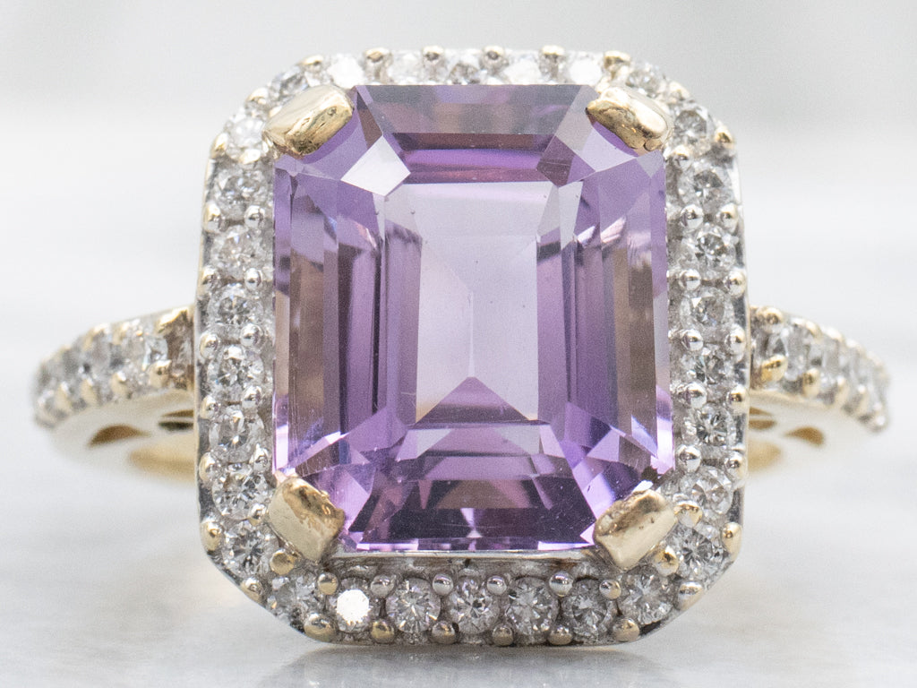 Modern Amethyst and Diamond Halo Gold Statement Ring