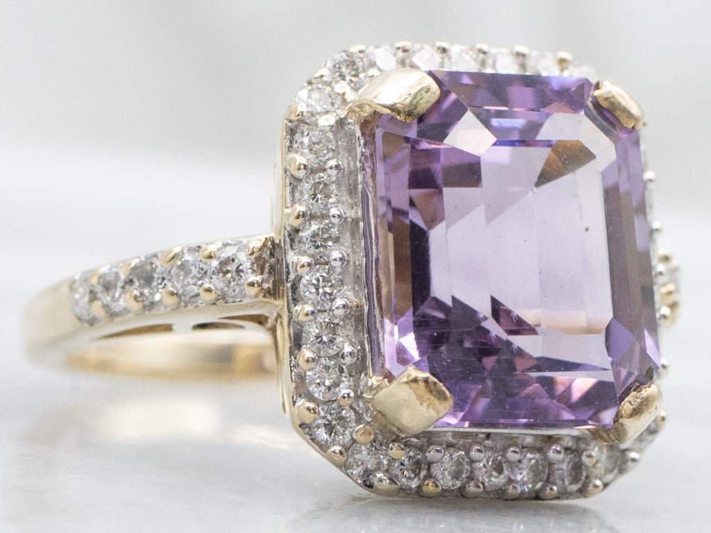 Modern Amethyst and Diamond Halo Gold Statement Ring