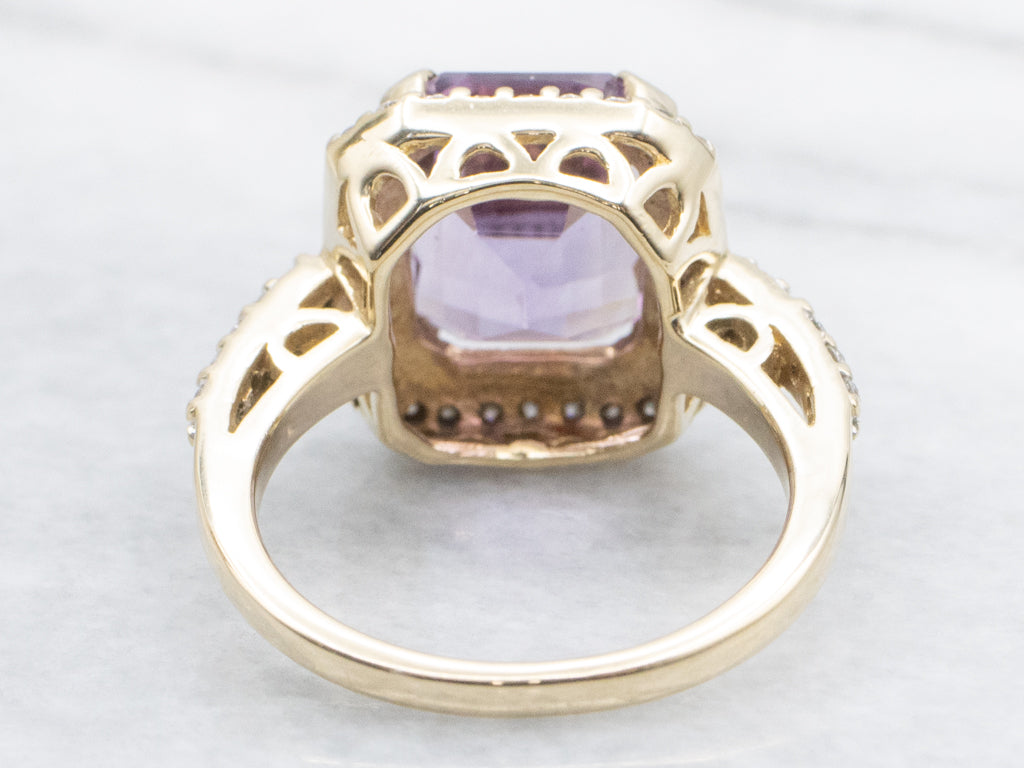 Modern Amethyst and Diamond Halo Gold Statement Ring