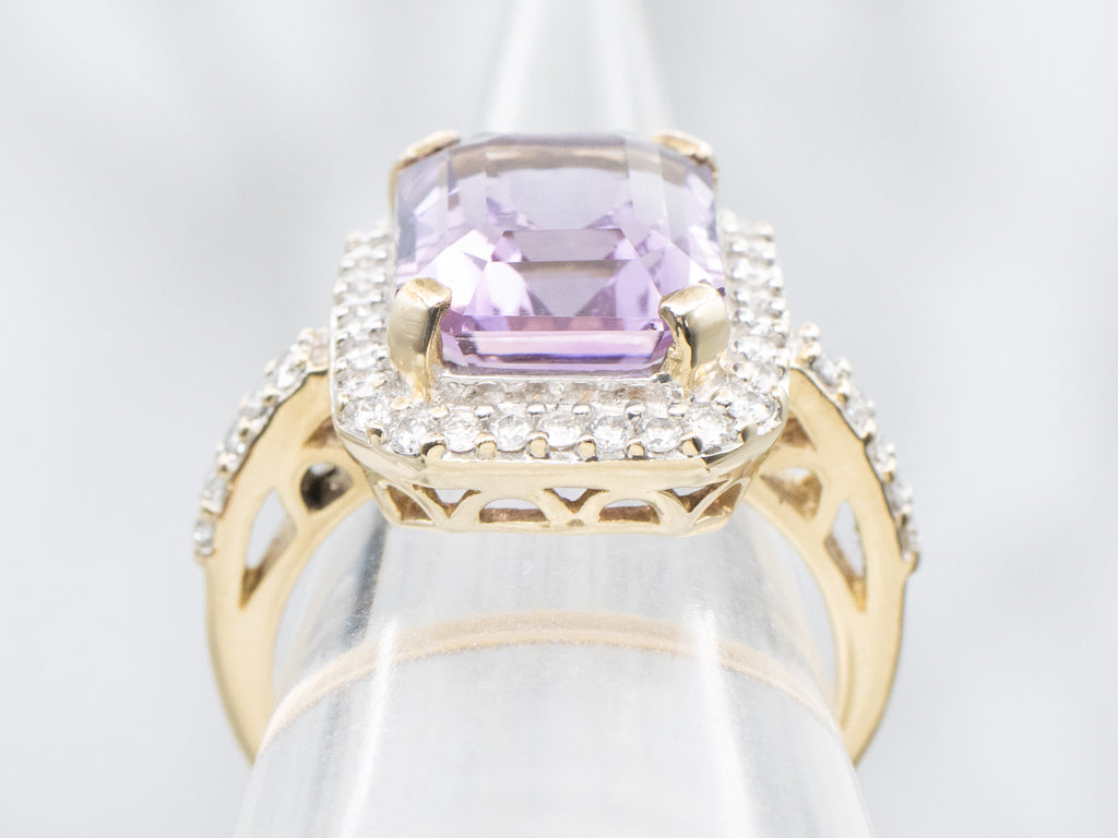 Modern Amethyst and Diamond Halo Gold Statement Ring