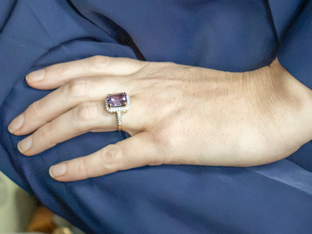 Modern Amethyst and Diamond Halo Gold Statement Ring