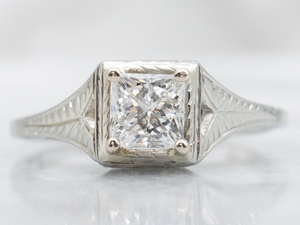 Vintage Hand-Engraved 18-Karat White Gold Princess Cut Diamond Engagement Ring