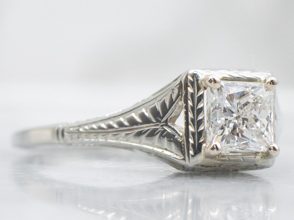 Vintage Hand-Engraved 18-Karat White Gold Princess Cut Diamond Engagement Ring