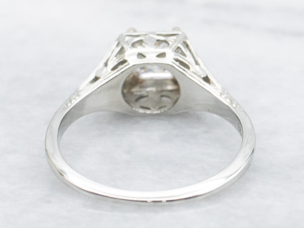Vintage Hand-Engraved 18-Karat White Gold Princess Cut Diamond Engagement Ring