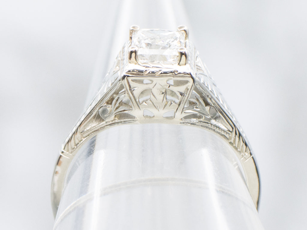 Vintage Hand-Engraved 18-Karat White Gold Princess Cut Diamond Engagement Ring