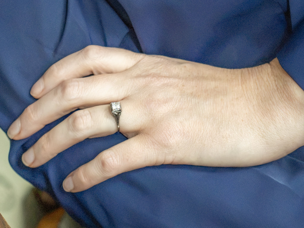 Vintage Hand-Engraved 18-Karat White Gold Princess Cut Diamond Engagement Ring