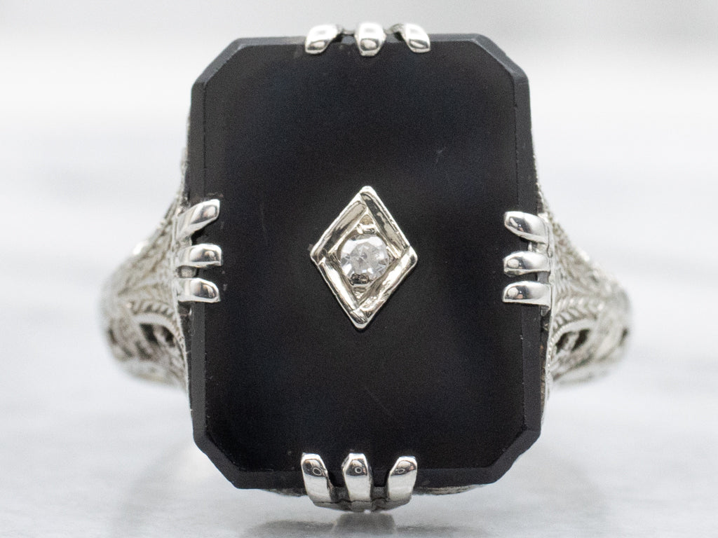 1920s Black Onyx and Diamond White Gold Filigree Ring