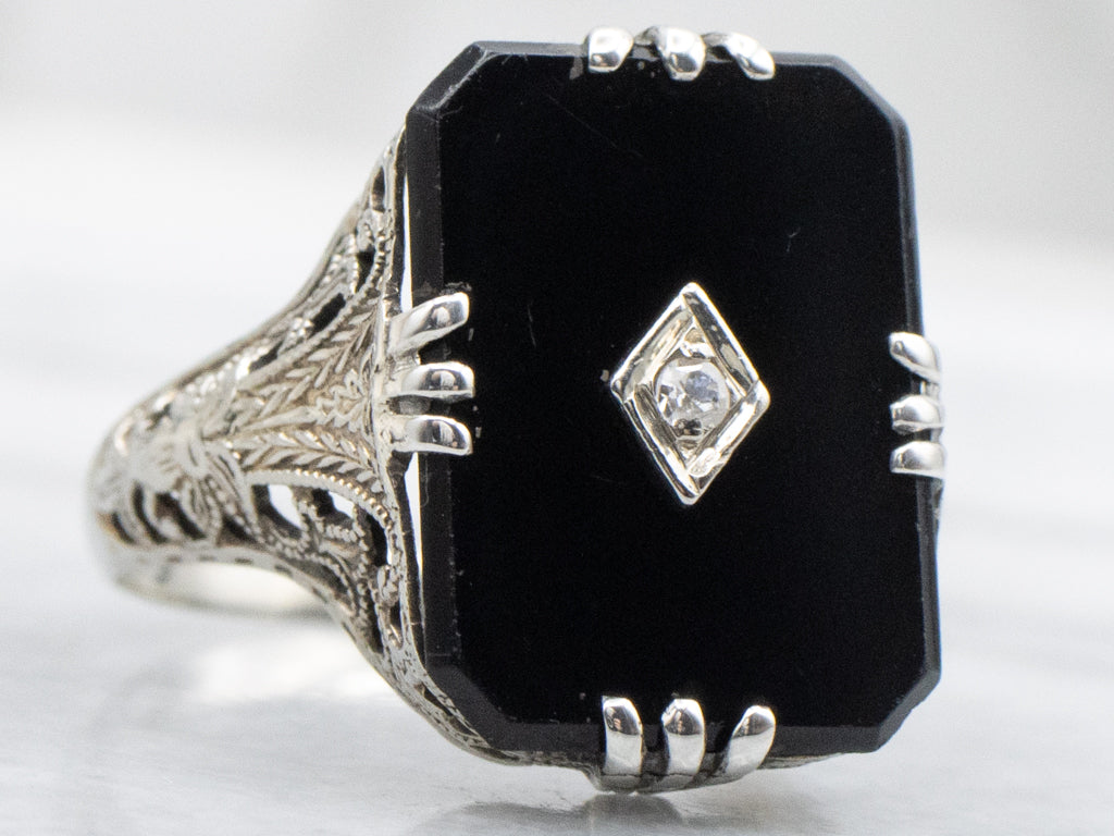 1920s Black Onyx and Diamond White Gold Filigree Ring