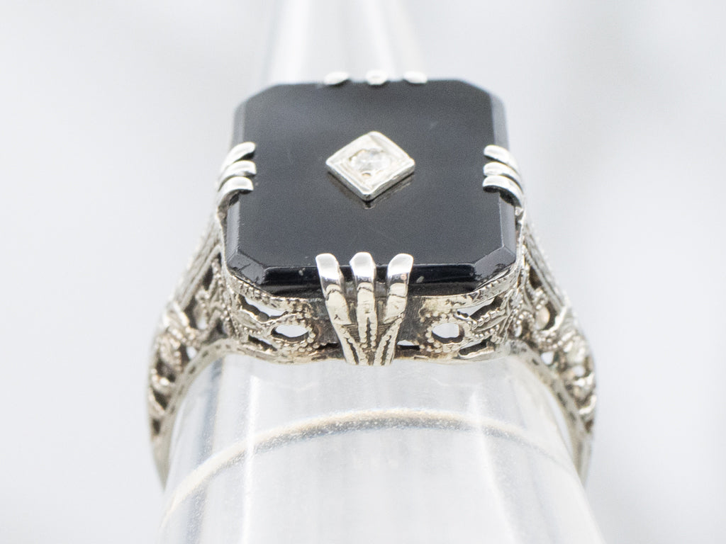 1920s Black Onyx and Diamond White Gold Filigree Ring