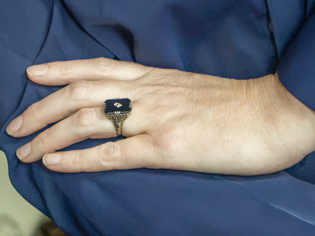 1920s Black Onyx and Diamond White Gold Filigree Ring