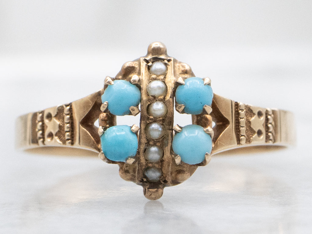 Glass Turquoise and Seed Pearl Victorian-Era Gold Ring