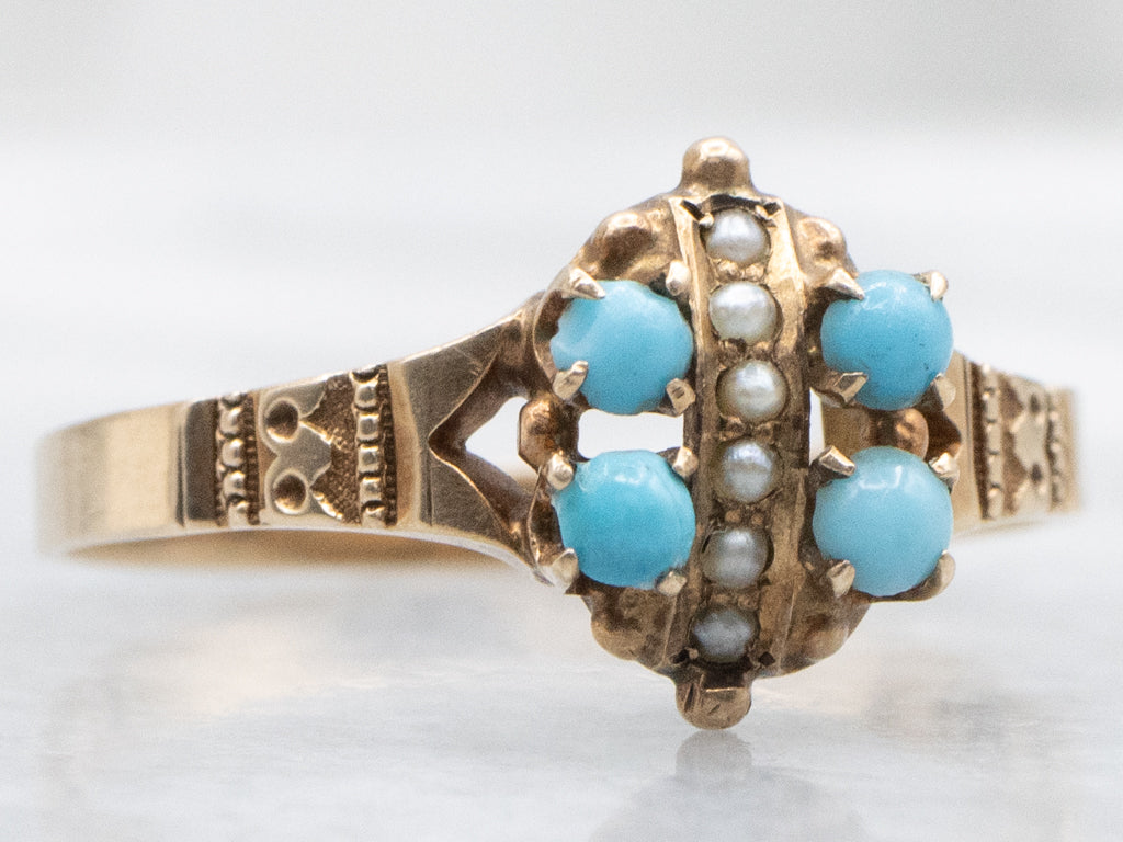 Glass Turquoise and Seed Pearl Victorian-Era Gold Ring