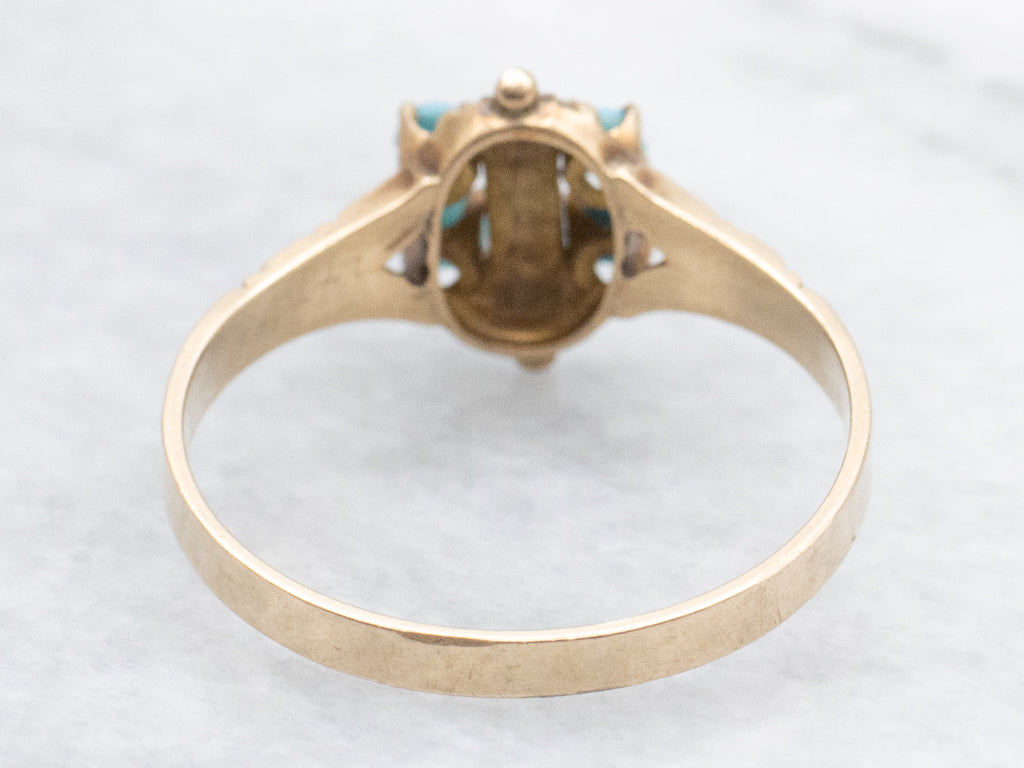Glass Turquoise and Seed Pearl Victorian-Era Gold Ring