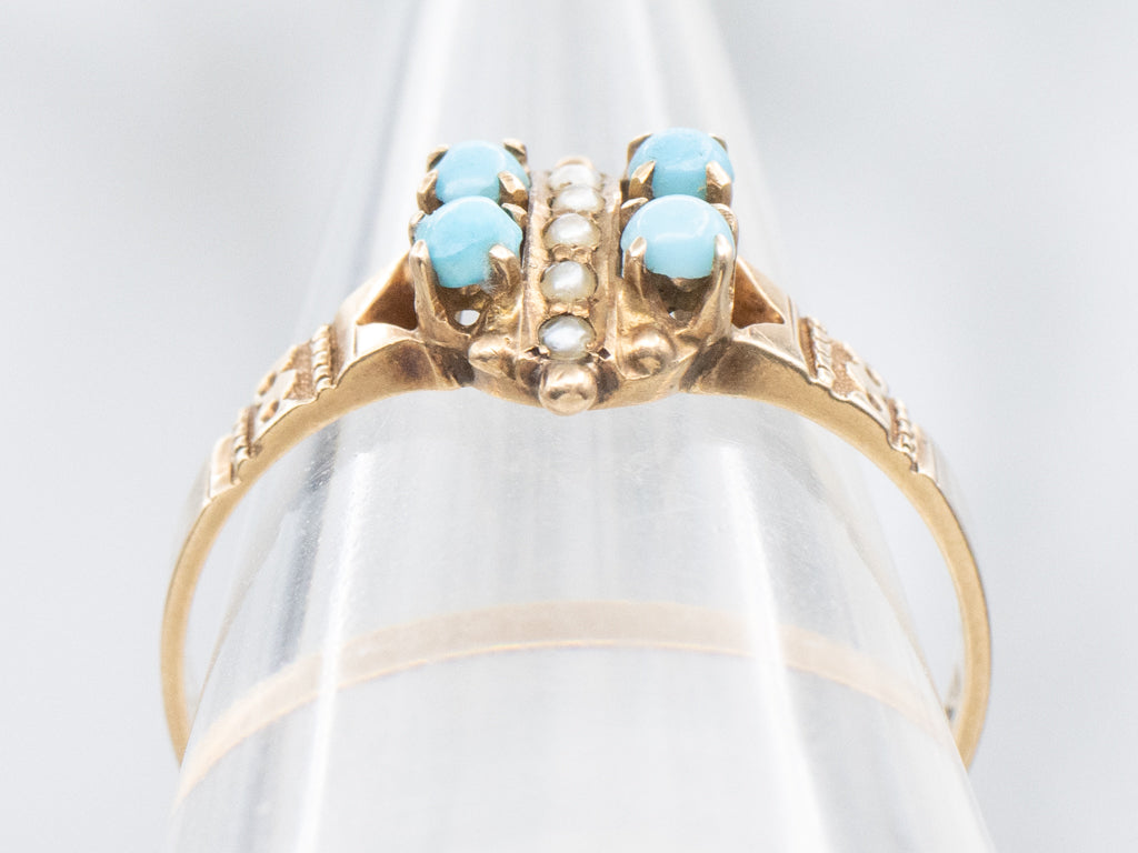 Glass Turquoise and Seed Pearl Victorian-Era Gold Ring