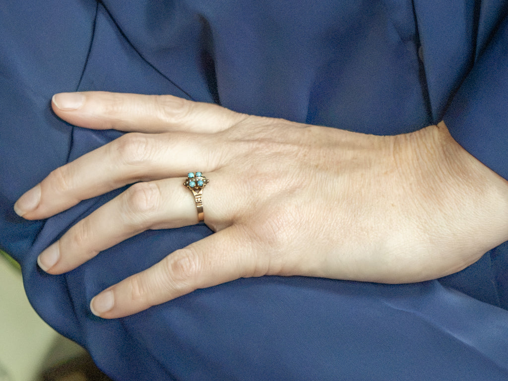 Glass Turquoise and Seed Pearl Victorian-Era Gold Ring