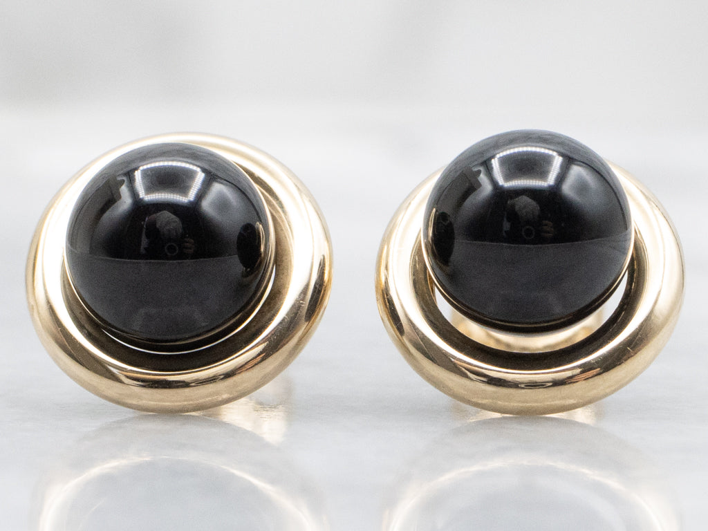 Sleek Yellow Gold Black Onyx Cabochon Stud Earrings
