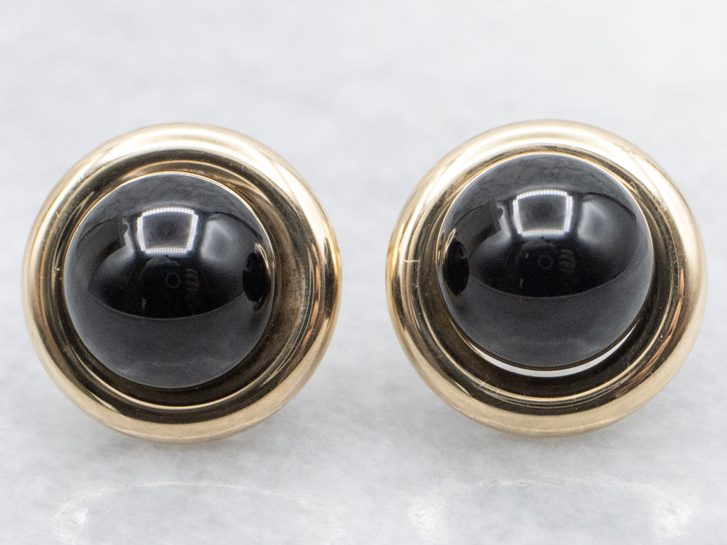 Sleek Yellow Gold Black Onyx Cabochon Stud Earrings