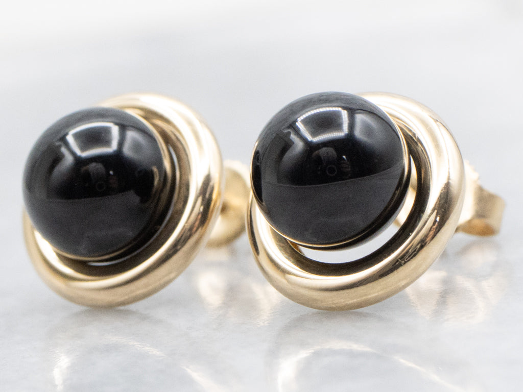 Sleek Yellow Gold Black Onyx Cabochon Stud Earrings