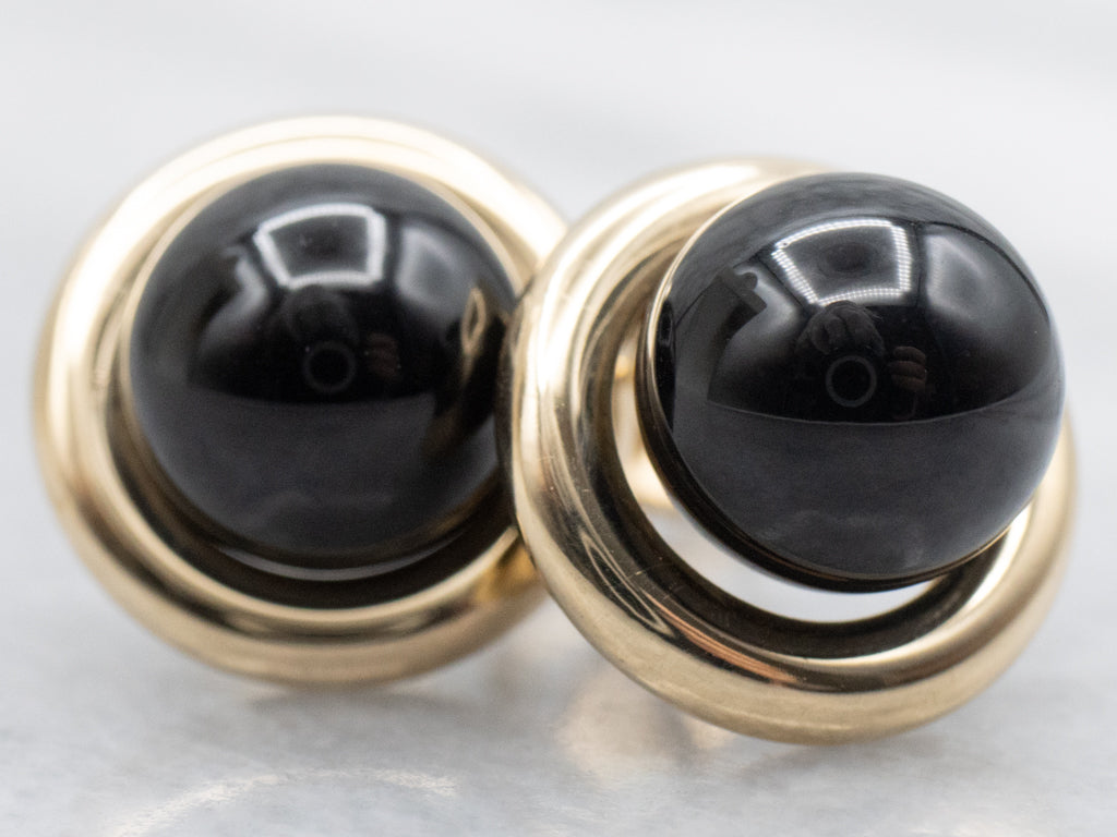 Sleek Yellow Gold Black Onyx Cabochon Stud Earrings