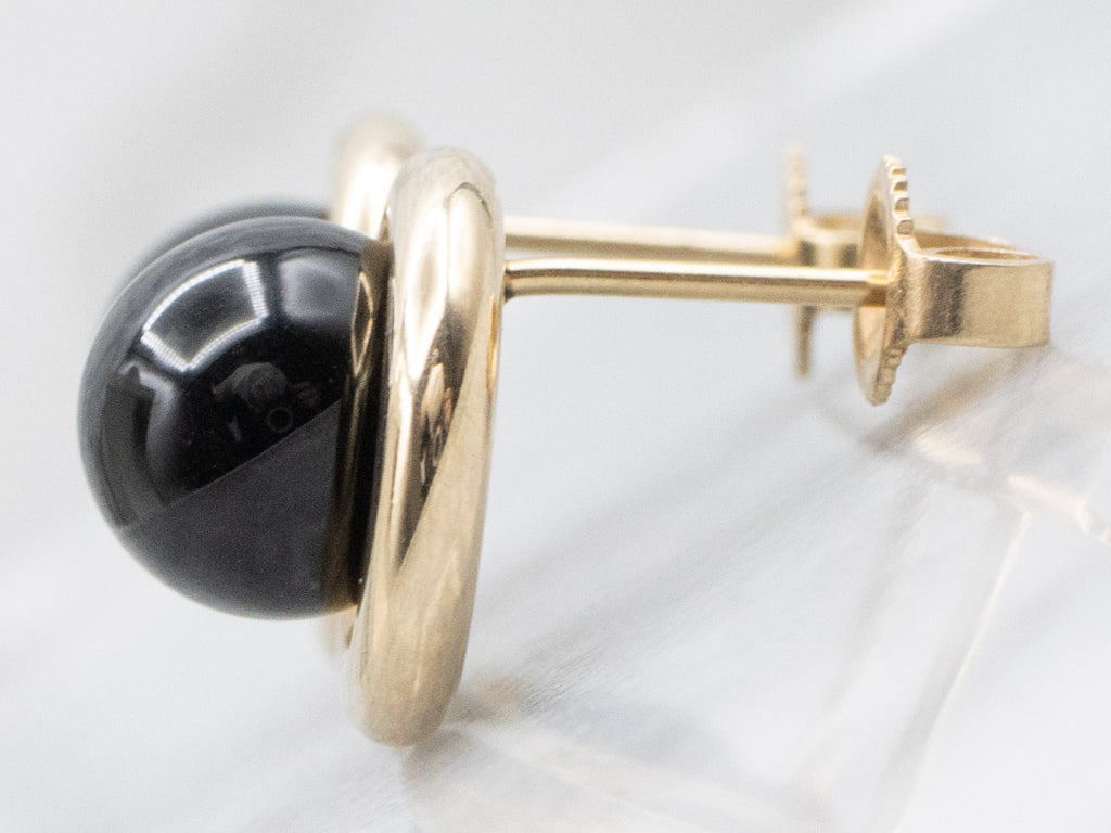 Sleek Yellow Gold Black Onyx Cabochon Stud Earrings