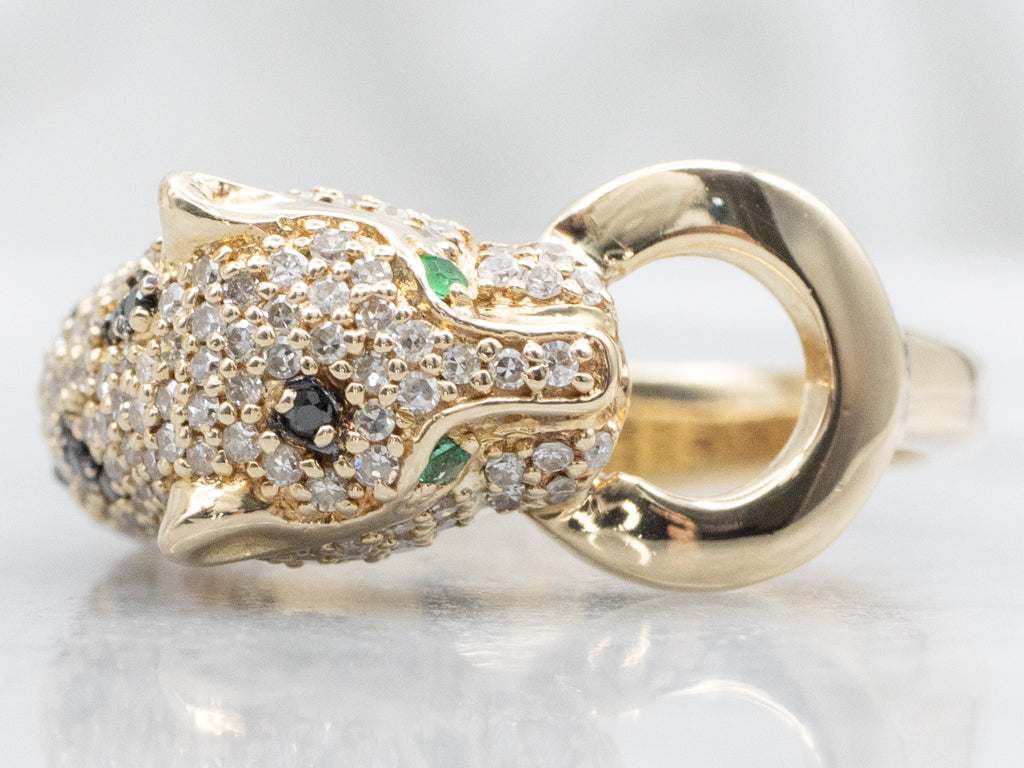 Polished Gold Effy Black and White Diamond Panther Ring with Emerald Eyes