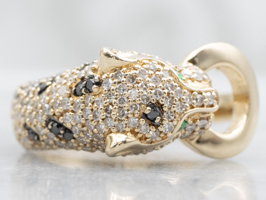 Polished Gold Effy Black and White Diamond Panther Ring with Emerald Eyes