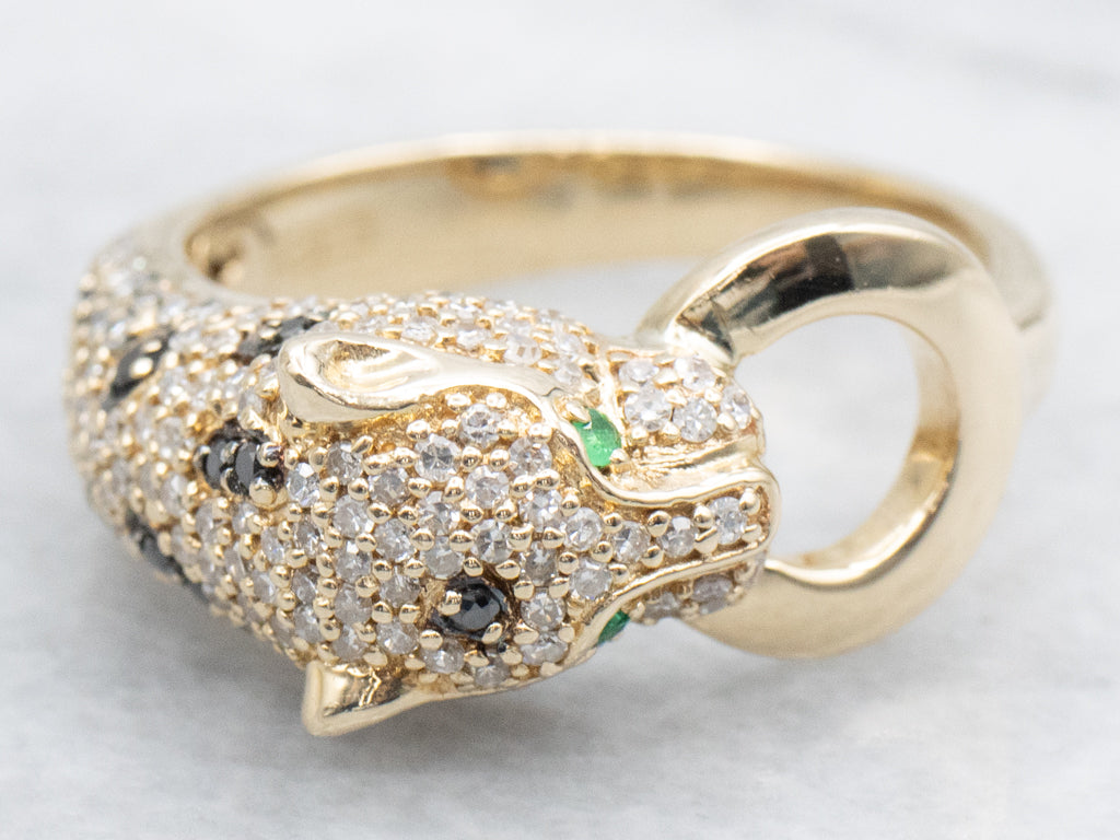 Polished Gold Effy Black and White Diamond Panther Ring with Emerald Eyes