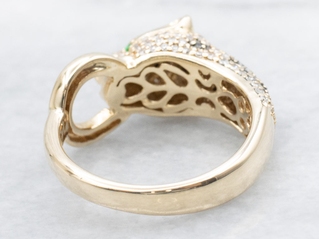 Polished Gold Effy Black and White Diamond Panther Ring with Emerald Eyes