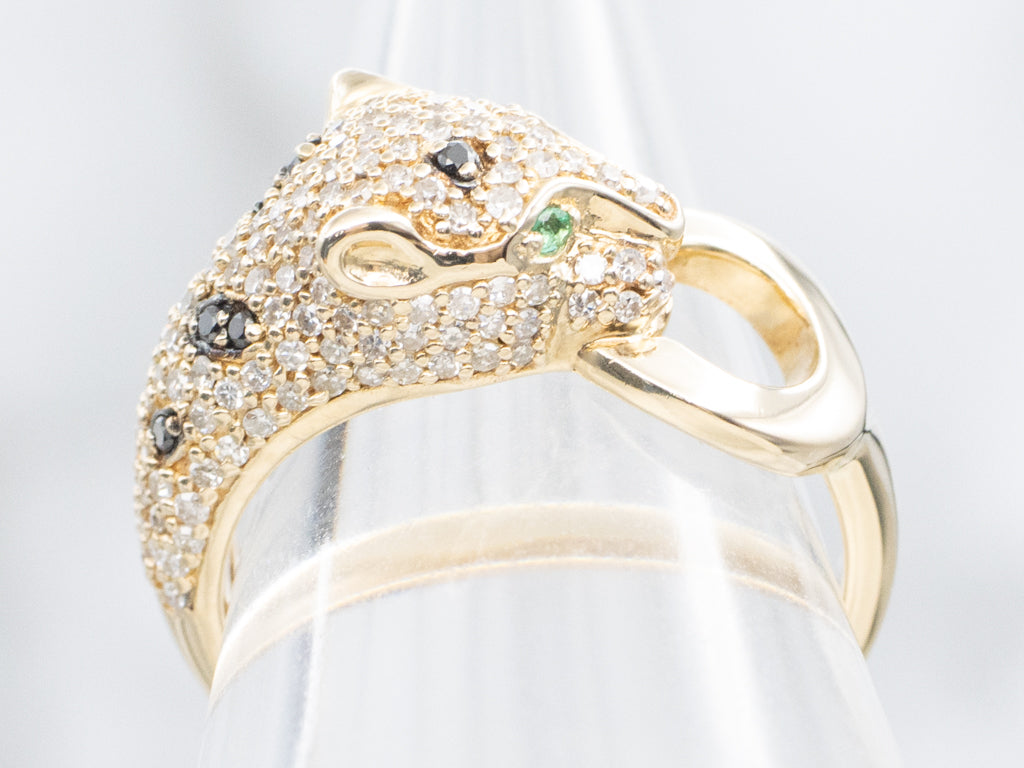 Polished Gold Effy Black and White Diamond Panther Ring with Emerald Eyes