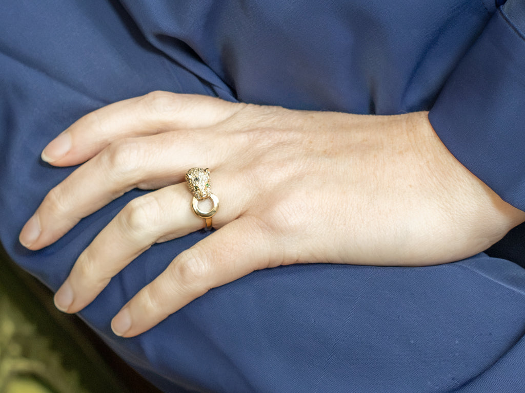 Polished Gold Effy Black and White Diamond Panther Ring with Emerald Eyes