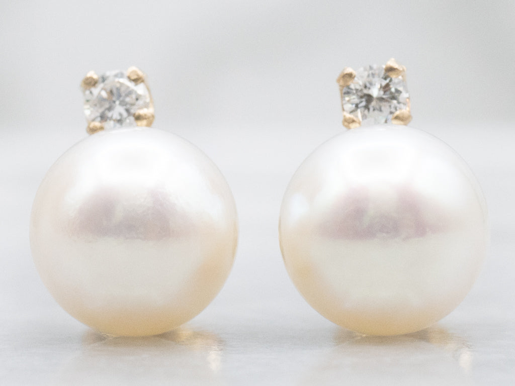 Yellow Gold Pearl Stud Earrings with Diamond Accents
