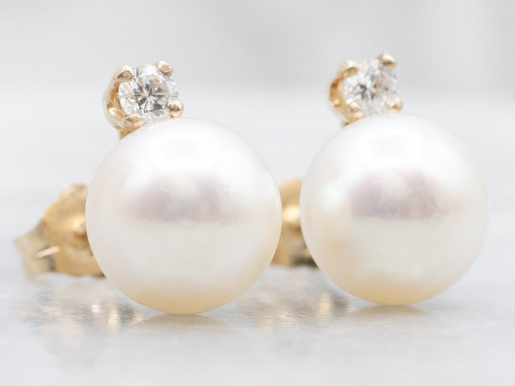 Yellow Gold Pearl Stud Earrings with Diamond Accents